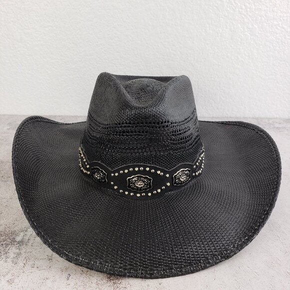Bullhide Vintage Straw Cowboy Hat Western Black Enameled Concho Detail size M - Picture 3 of 13